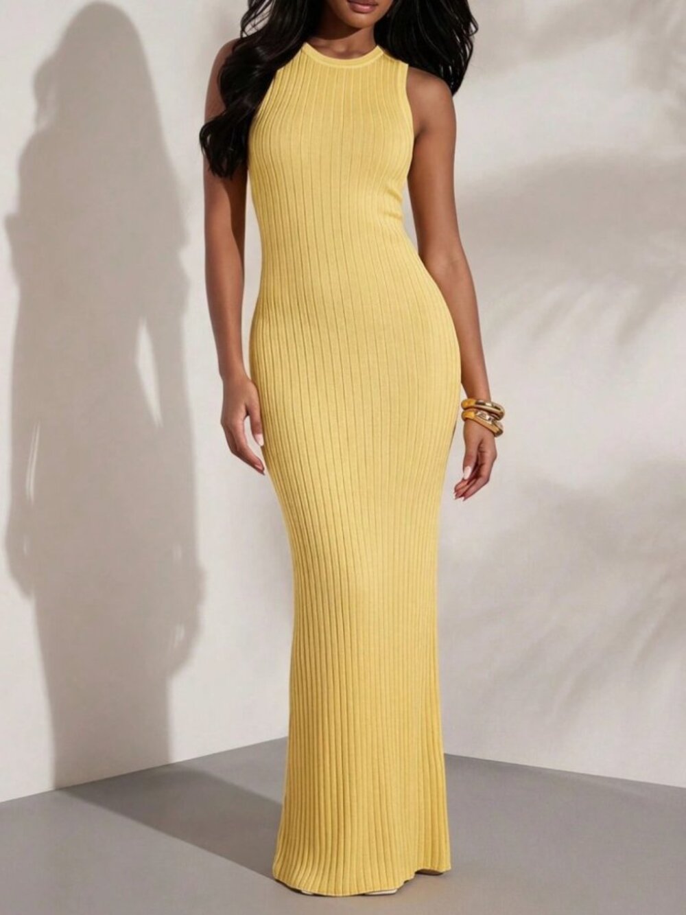 Yellow Ribbed Knit Sleeveless Maxi Dress